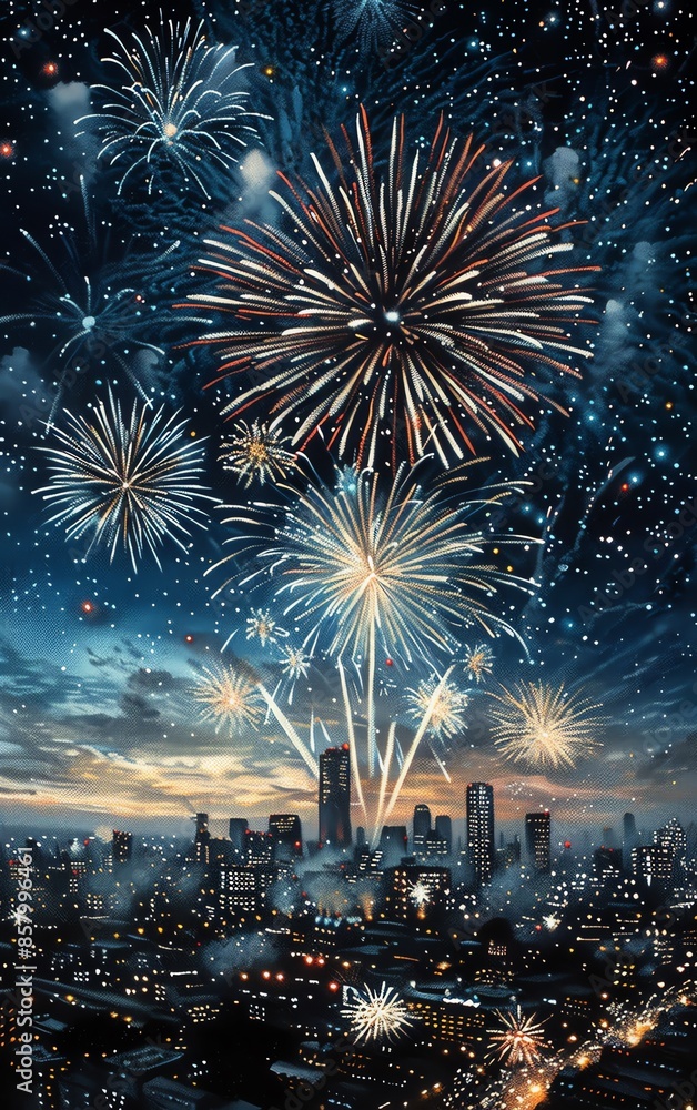 Spectacular fireworks lighting up the night sky over a bustling cityscape, celebrating a festive occasion with vibrant colors and dazzling displays. Spectacular fireworks lighting up the night sky over a bustling cityscape, celebrating a festive occasion with vibrant colors and dazzling displays.