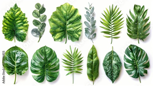 A vibrant collection of tropical leaves in various shapes and shades of green, beautifully isolated on a white background. © Yekaterina