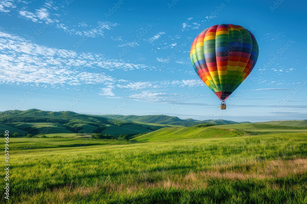 Fototapeta premium Hot Air Balloon Floating Over Green Field
