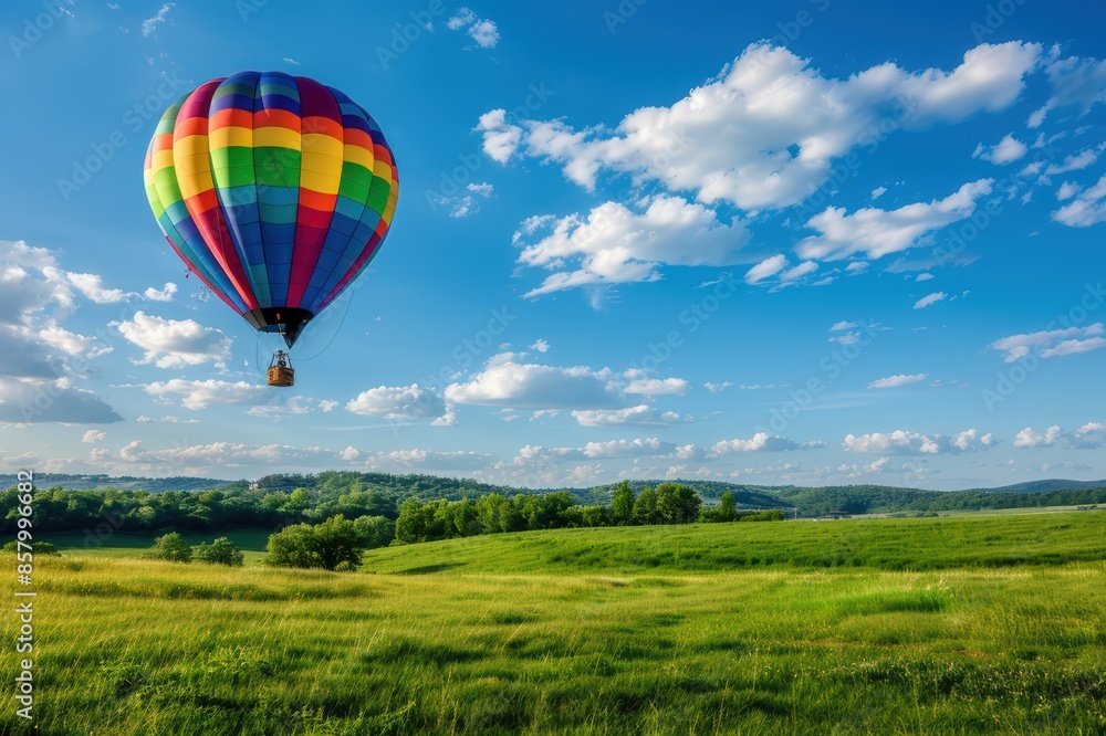 Naklejka premium Hot Air Balloon Floating Over Green Field