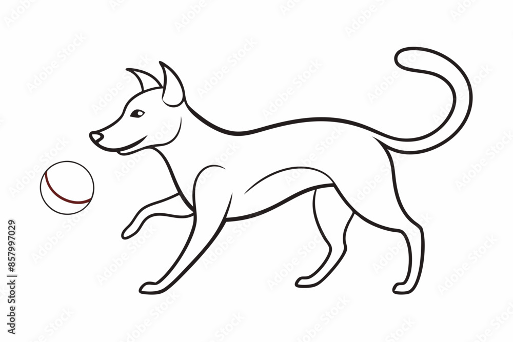 Fototapeta premiumdog playing with a ball line art drawing, isolated line art of a dog collection 