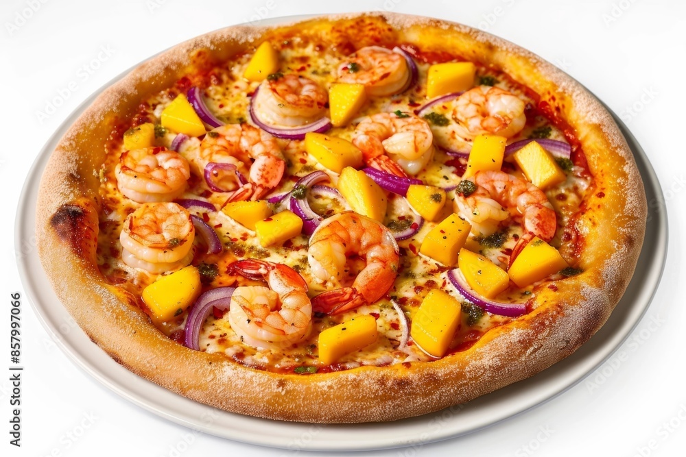 Appetizing Caribbean Pizza with Seared Shrimp and Ripe Mango Appetizing Caribbean Pizza with Seared Shrimp and Ripe Mango