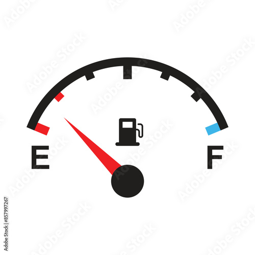 Fuel level indicator, fuel gauge scale, arrow at the empty mark, vector illustration.