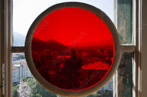 Wallpaper Mural Panoramic View From a Red Circle Window over the Mountain and City of Locarno, Ticino, Switzerland. Torontodigital.ca