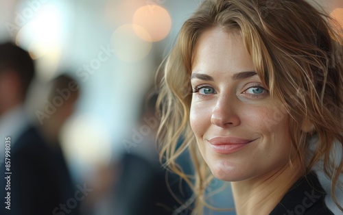 Smiling Woman With Blonde Hair in a Busy Public Space