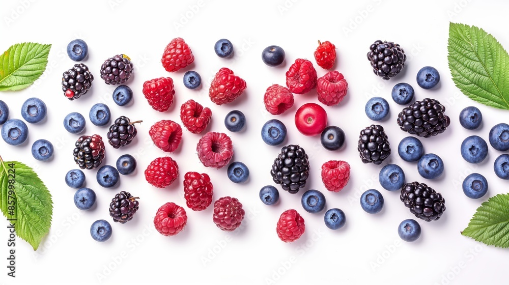 A vibrant assortment of fresh berries and leaves arranged neatly on a white background. A vibrant assortment of fresh berries and leaves arranged neatly on a white background.