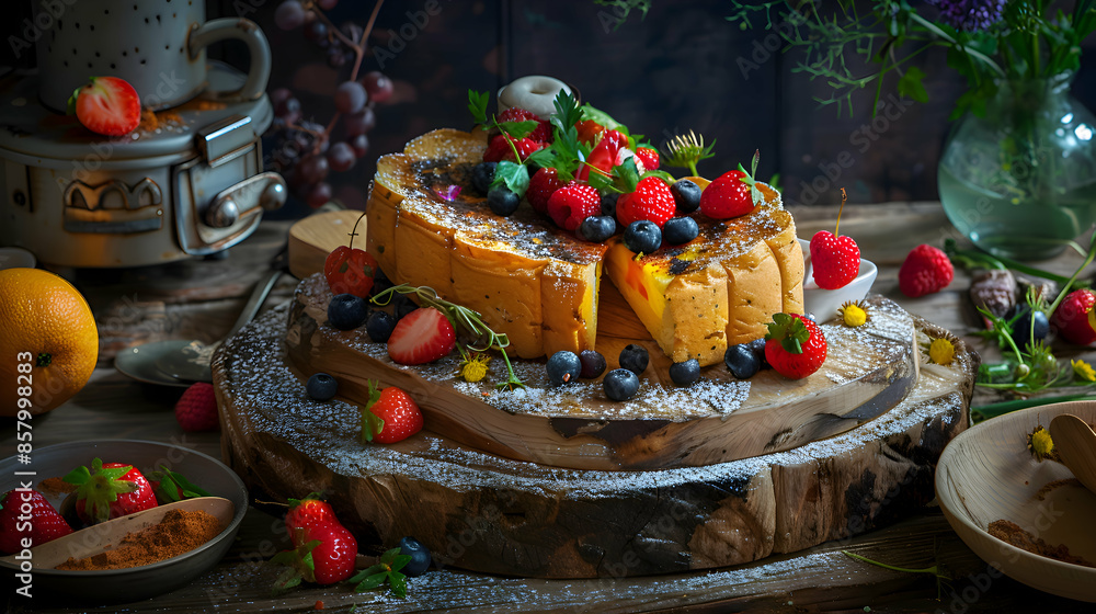 Fast food vegan French toast served with a side of fresh fruit, presented on a rustic wooden board Fast food vegan French toast served with a side of fresh fruit, presented on a rustic wooden board