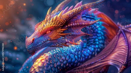 Majestic Fantasy Dragon with Vibrant, Scaled Armor in Mystical Imaginative Setting © maniacvector
