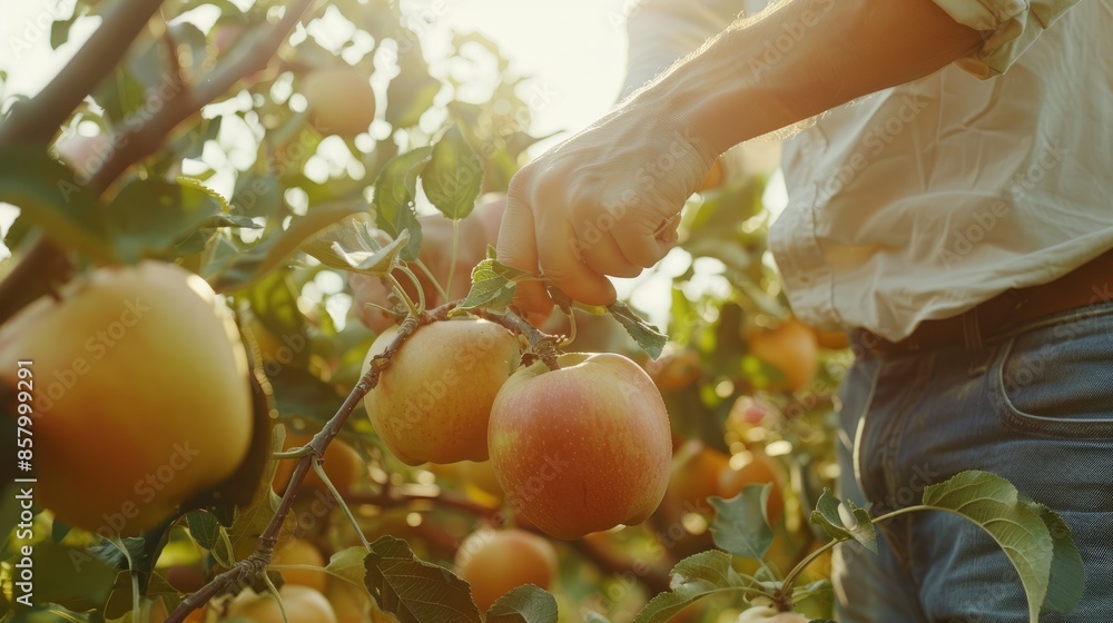 Man picking ripe apples from orchard trees Man picking ripe apples from orchard trees