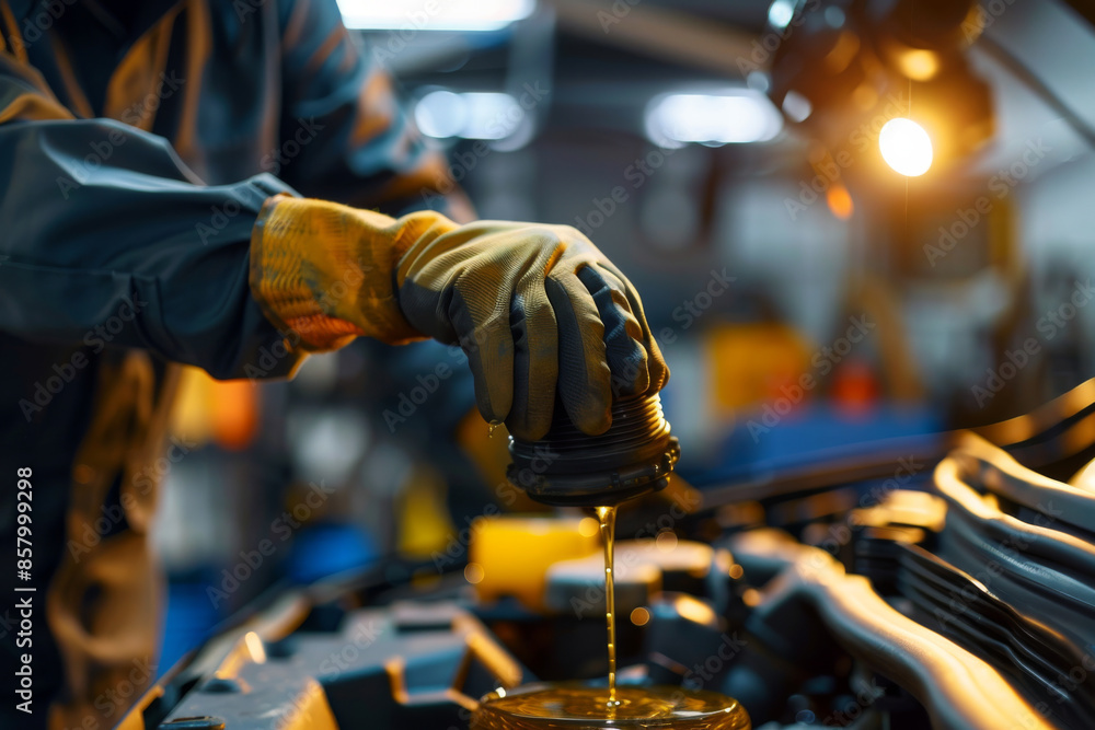 A mechanic in protective gloves pouring fresh motor oil into a car engine during routine maintenance in an auto repair shop. A mechanic in protective gloves pouring fresh motor oil into a car engine during routine maintenance in an auto repair shop.