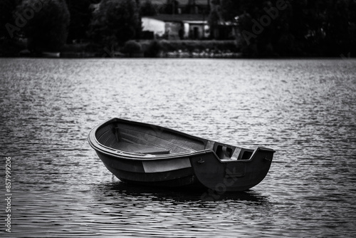 LANDSCAPE BY THE LAKE - Small pink rowing boat on the lake
 photo