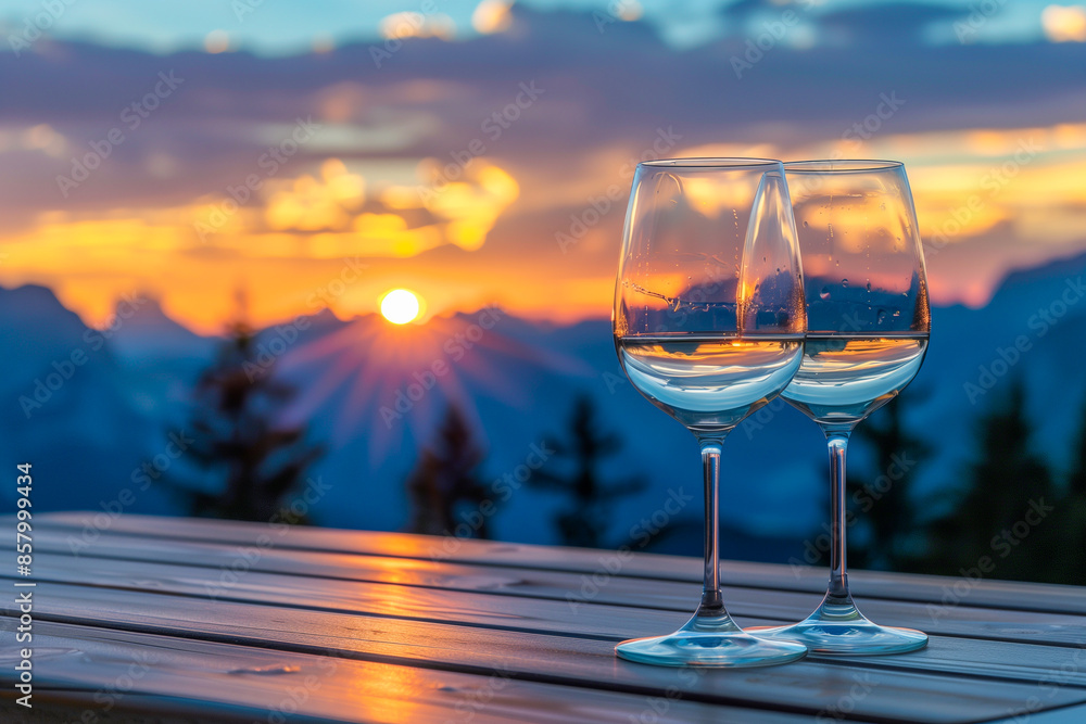 Two glasses of white wine on a wooden table against the background of mountains and sunset