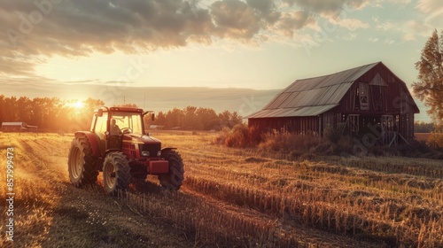 Tractor hauling harvested crops to barn