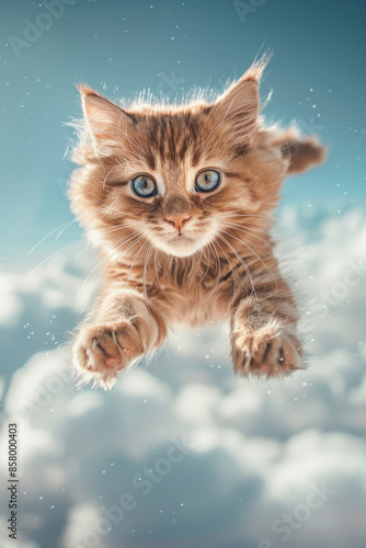 A cute light colored cat, floating in the sky on top of clouds