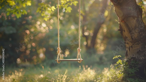 Swing hanging on a tree in the forest photo