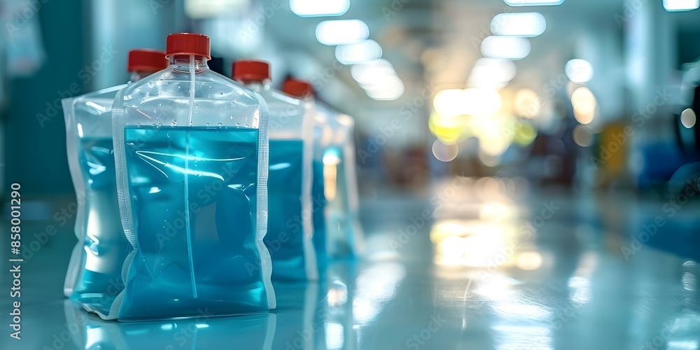 Closeup of saline solution bags with medical equipment in the background. Concept Medical Equipment, Saline Solution, Close-up Photography, Hospital Setting Closeup of saline solution bags with medical equipment in the background. Concept Medical Equipment, Saline Solution, Close-up Photography, Hospital Setting