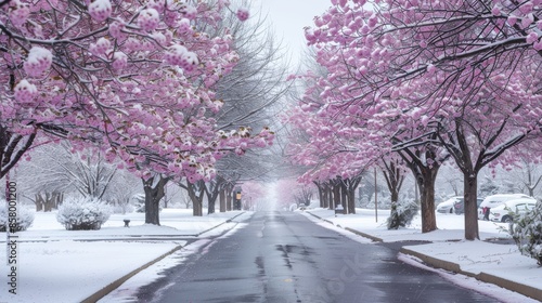 Snowy Street Lined with Pink Blossoms © sadewotito