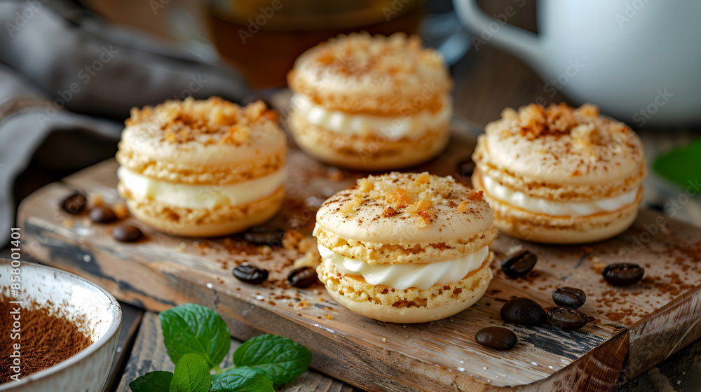 Fast food vegan macaroons served with a side of coffee, presented on a rustic wooden board