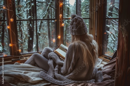 Cozy winter reading by the window with forest view