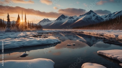 lake in the mountains on sunrise, morning landscape, winter © Alexandra