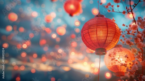 Vibrant Red Lanterns Amidst Glowing Bokeh and Blossoming Branches at Dusk