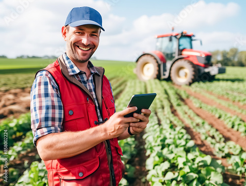 Smiling Farmer Using Tablet in Field with Tractor in Background on a Sunny Day