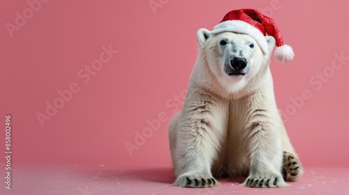 Cute polar bear with Christmas hat on a isolated pink background