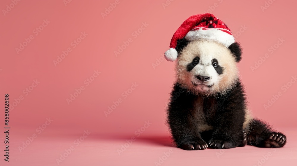 Cute panda with Christmas hat on a isolated pink background Cute panda with Christmas hat on a isolated pink background