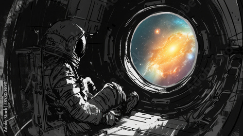 Hand-drawn astronaut gazing out of a spaceship window at a mesmerizing galaxy. Space Exploration Day, National Astronomy Day, loneliness, feel good about yourself.