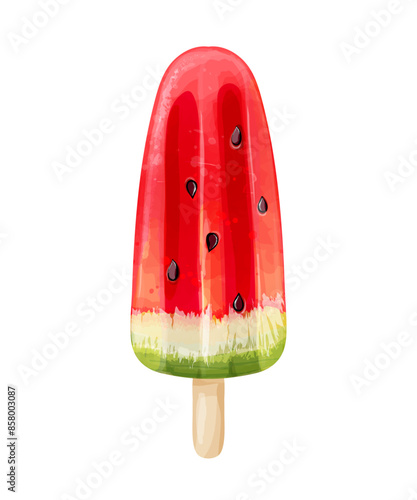 Vector watermelon ice cream with seeds in a watercolor style isolated on a white background.