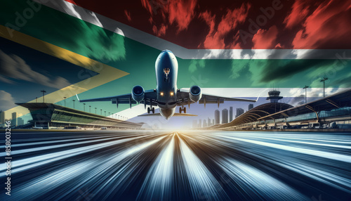 A passenger plane takes flight against a backdrop of the South Africa flag, symbolizing aviation and international travel