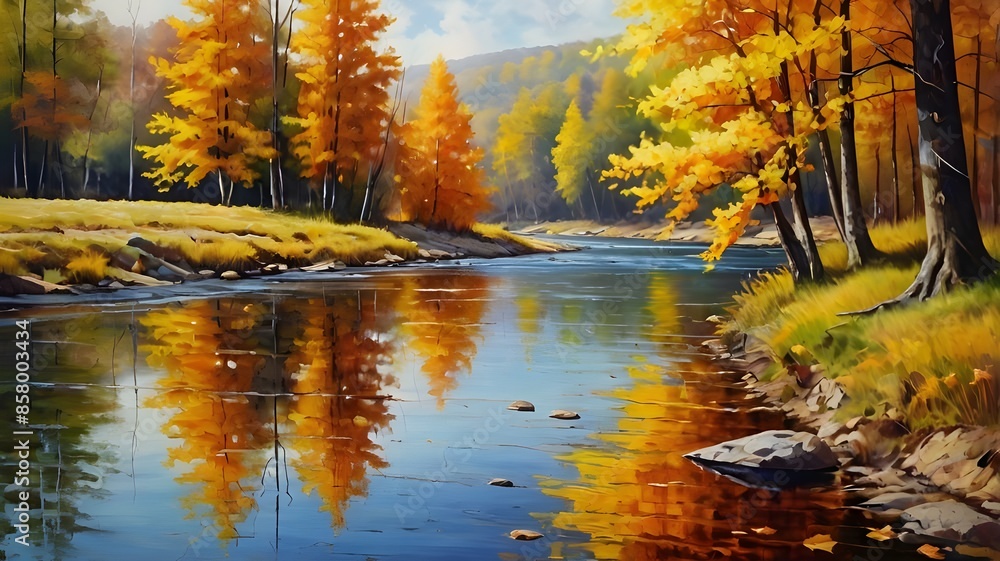 Obraz premium An autumn trees with orange yellow leaves near river, artistic vision of beautiful autumn landscape, oil painting on canvas.