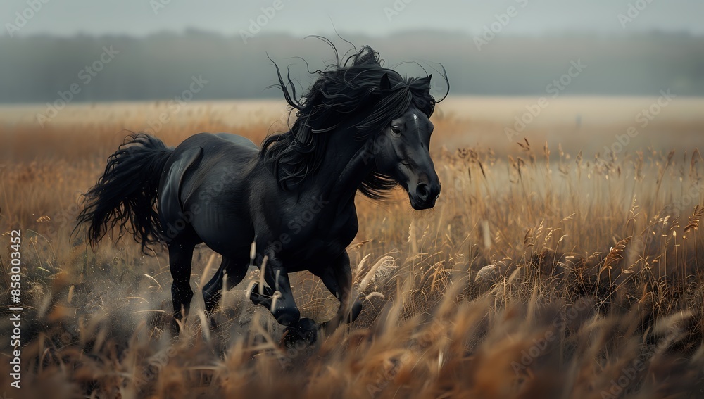 Wild Black Horse Running in Tall Grass Field Wild Black Horse Running in Tall Grass Field
