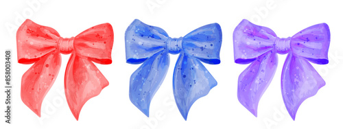 Vector set of watercolor colorful girly tied bows isolated on white. Illustrations of cute hair ribbons.