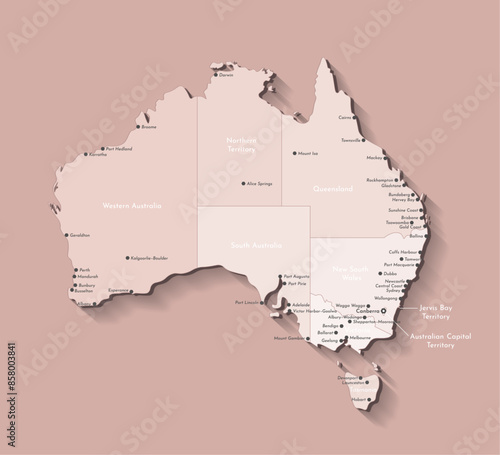 Vector modern illustration. Simplified isiolated on brown background administrative map of Australia. Names of Australian cities, borders of regions in brown colors.