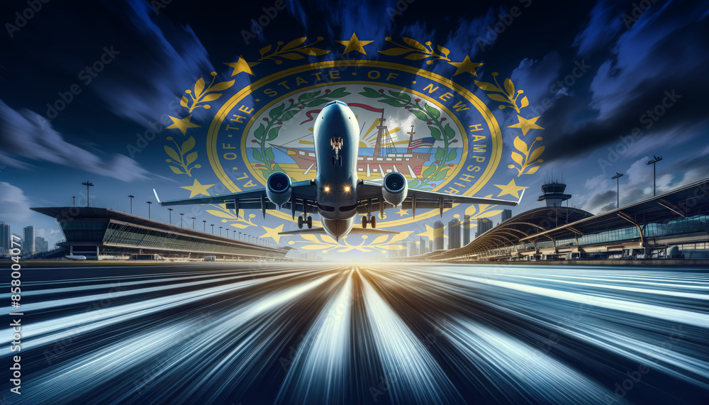 A passenger plane takes flight against a backdrop of the New Hampshire flag, symbolizing aviation and international travel A passenger plane takes flight against a backdrop of the New Hampshire flag, symbolizing aviation and international travel