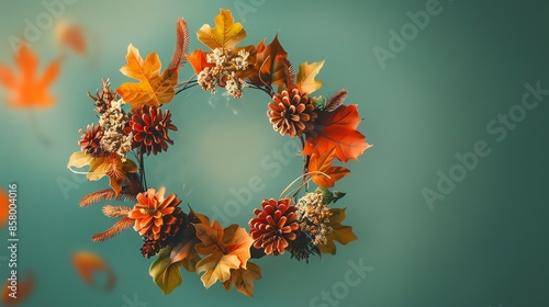 A beautiful autumn wreath with pine cones and colorful leaves against a soothing teal background, symbolizing the fall season.
