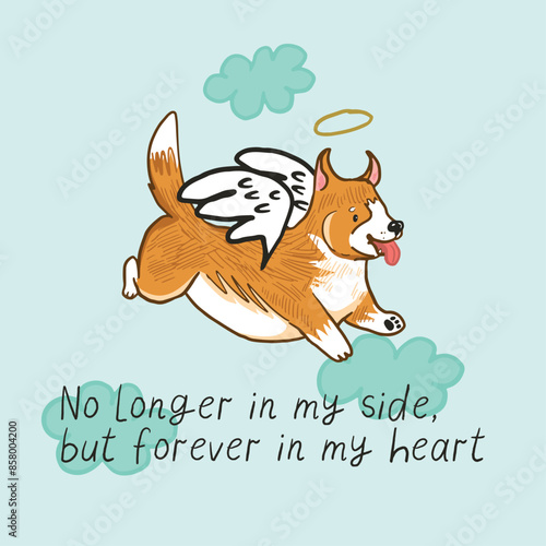 Dead corgi dog, pet loss vector illustration, memorial card.