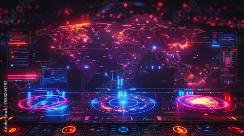 Wallpaper Mural Futuristic command center interface displaying a global network map with glowing nodes and intricate data visualizations Torontodigital.ca