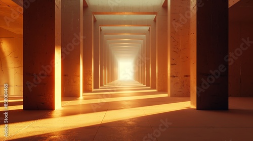 Sunlight streams through a symmetrical architectural corridor, creating beautiful light and shadow patterns on the floor and walls.