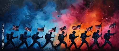 An artistic depiction of soldiers marching with American flags against a vibrant background of blue and orange hues.