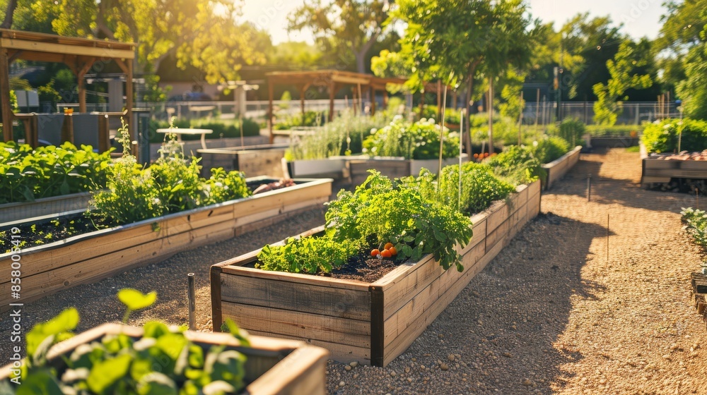 Obraz premium A community garden with raised beds and compost bins
