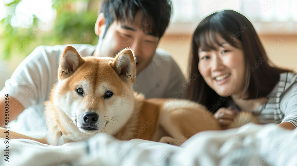 A family dog joining the morning routine, Families in Japan, routines, living freely, happy families, with copy space A family dog joining the morning routine, Families in Japan, routines, living freely, happy families, with copy space
