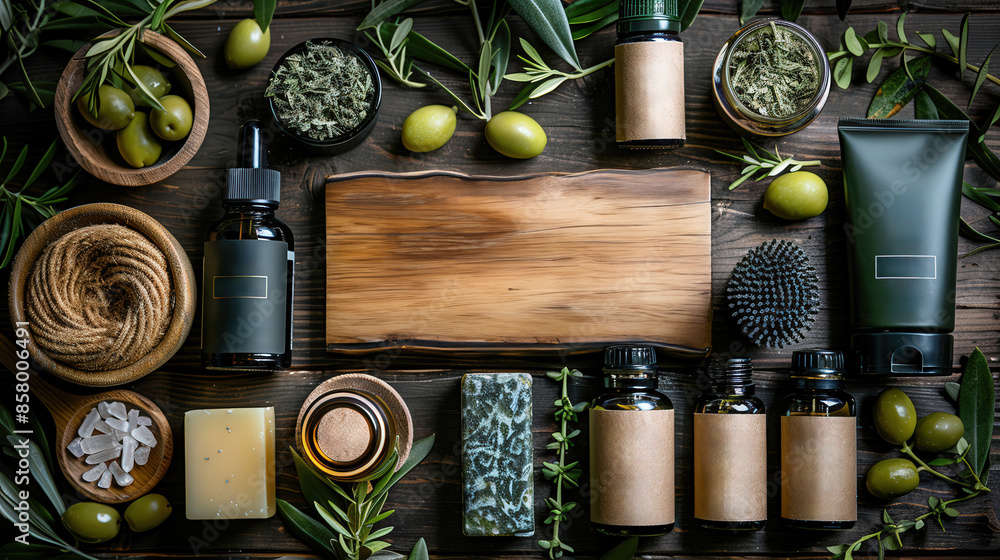 Olive oil based skin care set including lotion, cream, serum, bottles for cosmetics, flat lay Olive oil based skin care set including lotion, cream, serum, bottles for cosmetics, flat lay