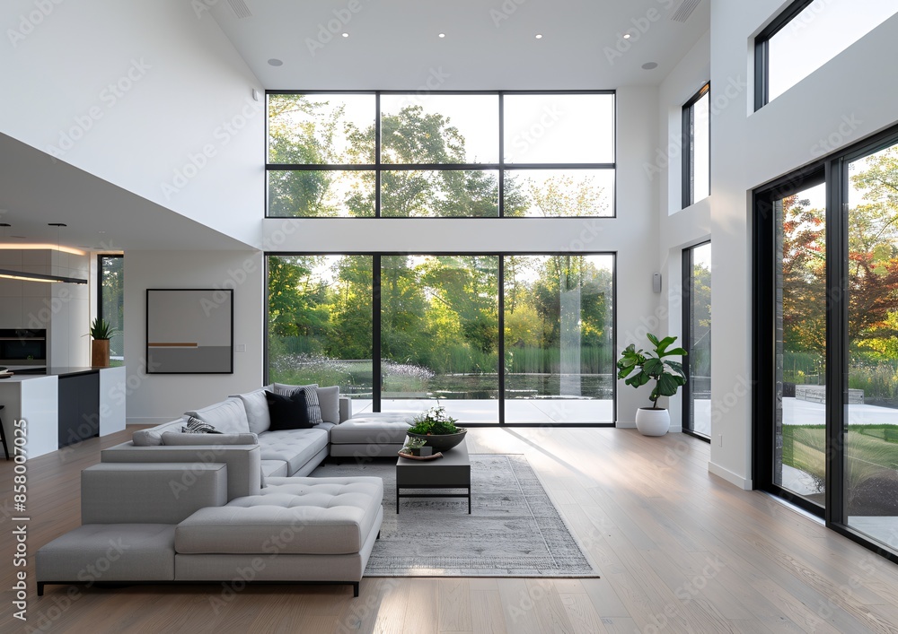 Fototapeta premium Spacious Modern Living Room with Large Windows and Natural Light, Daytime
