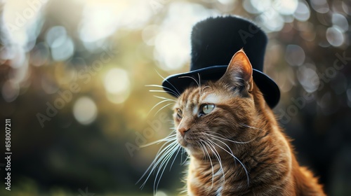 A ginger cat wearing a black top hat is sitting in a field of green grass. The cat is looking off to the side, and the sun is shining brightly.