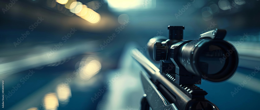 Long shot, focused rifle barrel, poised to fire, capturing precision and tension, summer Olympic sport, digital 3D rendering, dynamic blur background for emphasis Long shot, focused rifle barrel, poised to fire, capturing precision and tension, summer Olympic sport, digital 3D rendering, dynamic blur background for emphasis