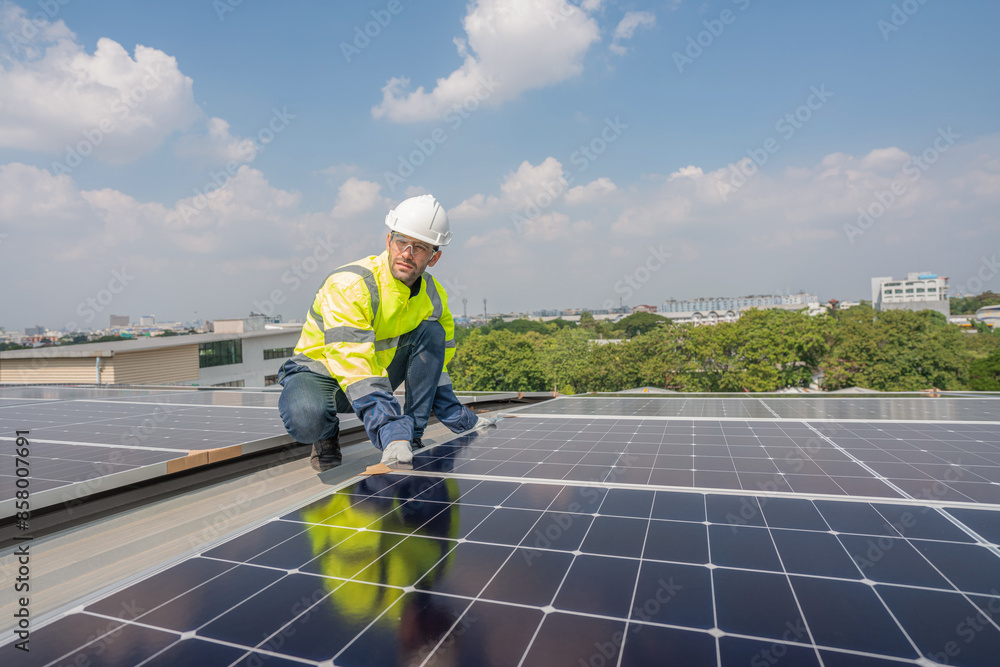 custom made wallpaper toronto digitalEngineer service check installation solar cell on the roof of factory. Silhouette technician inspection and repair solar cell on the roof of factory. Technology solar energy renewable.