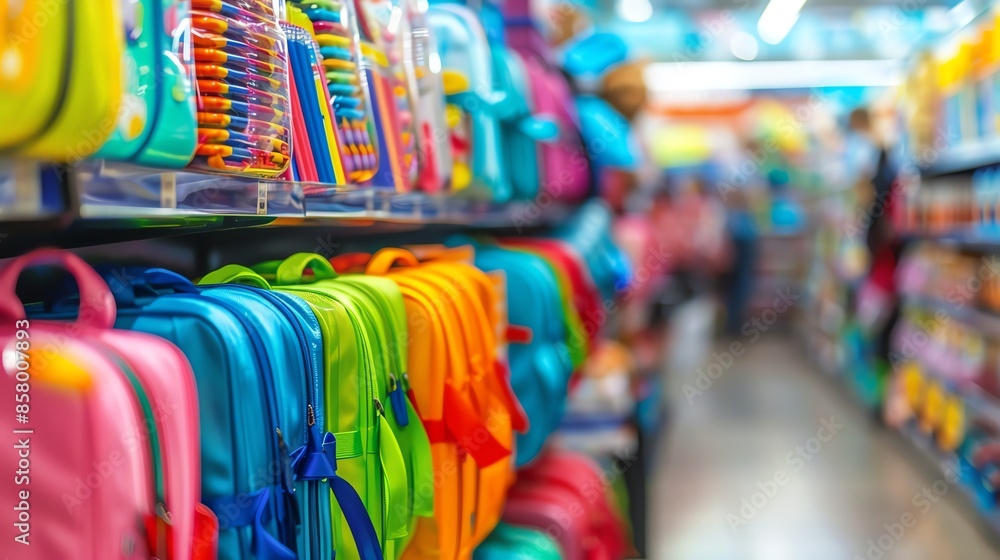 Back to school sale, colorful school supplies, vibrant displays, excited shoppers Back to school sale, colorful school supplies, vibrant displays, excited shoppers