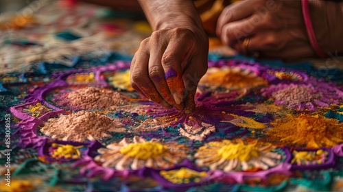 Artisan creating vibrant rangoli pattern during Diwali celebration